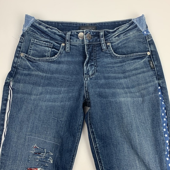 Silver Jeans Custom Modified USA America Distressed Straight Jeans Patches Sz 28 - Picture 6 of 16